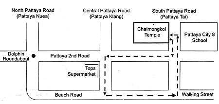 Pattaya City parade route map. The parade will take place on April 19 from noon onwards at Chaimongkol Temple.
