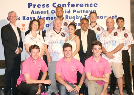 Tournament sponsors and Pattaya Panthers rugby players pose for a photo at the press conference held at the Amari Orchid Pattaya on Monday, April 22, to announce the upcoming 2013 Chris Kays Pattaya Rugby Festival.