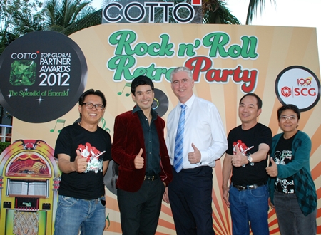 To celebrate a most successful ‘Cotto Top Global Partner Awards 2012’ event, the company which is part the SCG Group held a Rock ‘n Roll party at the Tavern by the Sea, Bar & Restaurant recently. Guests included (l-r) Sarawut Samransup (MD of Siam Sanitary Ware Co., Ltd.), Vasu Saengsingkaew, ‘Elvis Presley’, Brendan Daly (GM of Amari Orchid Pattaya), Thanasak Sakrikanont (Marketing Manager of Siam Sanitary Ware Co., Ltd.), and Panida Chollasin (International Sales Manager at Siam Sanitary Ware Co., Ltd.).