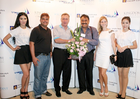 Nigel Cornick (3rd left), CEO of Kingdom Property and Project Director of Southpoint Pattaya Condominium, is congratulated by Pratheep Malhotra, MD and Suwanthep Malhotra, Deputy MD of the Pattaya Mail Media Group on the occasion of the grand opening of their sales gallery recently. The event was held at the world renowned Royal Varuna Yacht Club. On hand to welcome their guest was Irina Breslavtseva (2nd right), Marketing Manager of the property developers.