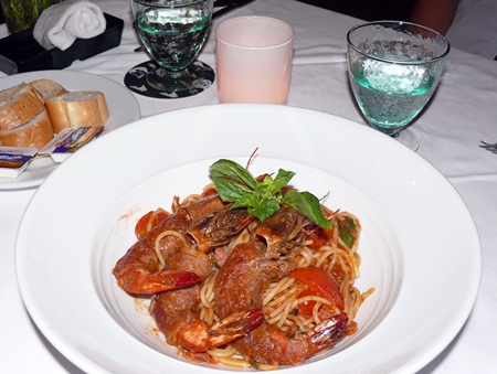 Spaghetti Pizzeria - the spaghetti being the base for tiger prawns wrapped in smoked bacon.