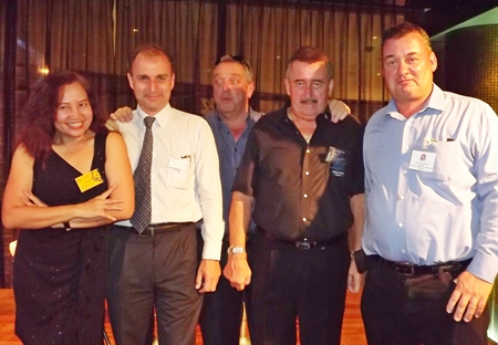 Pichada Rajavechpisal (left), the customer relations manager from Asian Tigers Mobility, joins the other sponsors (left to right) MRI Network MD Mark Hamill-Stewart, Kevin Fisher from Legacy of Legends, John Collingbourne from Pattaya Property Auctions and the chairman for the Eastern Seaboard of the BCCT Joe Barker Bennet.