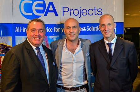 Kevin Fisher (left) poses for a photo with Daniel Boccalini, Host of True Visions ‘My Second Home’ and H.E Mark Kent British Ambassador to Thailand during the Legends gala dinner in Bangkok last week.