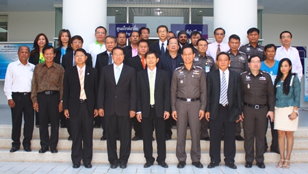 Pattaya Court Chief Justice Apichart Thepnu (front row, 2nd left), , Director-General Pornsak Thepasuwan (front row, 3rd left), Pol. Gen. Maj. Khatcha Thatsart (front row 4th right), and Prosecutor Sitthipol Photchai (front row 3rd right), pose with other honored guests during the 13th founders day activities at Pattaya’s Courthouse.