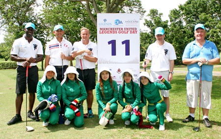 Manchester United legends Dennis Irwin, Clayton Blackmore, Lee Sharpe and Andy Cole pose on the tee at Phoenix Golf Club, Wednesday, June 12.