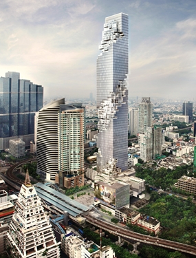 An artist’s drawing shows the completed MahaNakhon tower and mixed-used development in the Silom/Sathon central business area of Bangkok.