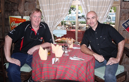 Dan Dorothy (left) and Martin Bilsborrow wait for the lines to dwindle before attacking the delicious buffet.