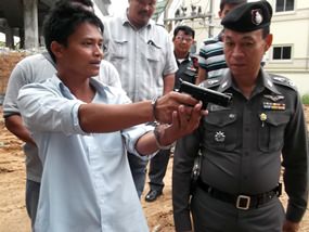 Anantasith Saenpholmuang reenacts his crime for police.