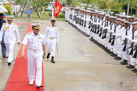 Adm. Surasak Rungrerngrom inspects the troops during the Marine Corps’ 58th anniversary celebrations in Sattahip.