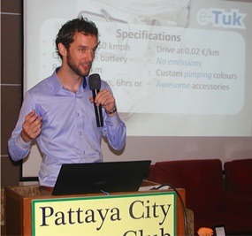 Speaker for Pattaya City Expats Club for August 4th was Managing Director of the Electric Tuk Tuk Company, Dennis Harte of Holland. They manufacture the vehicles in Samut Prakarn (SE of Bangkok) for export to many countries.
