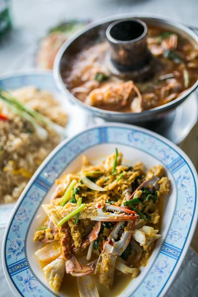 Stir-fried crab legs with yellow curry at Preecha Seafood.