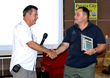 Member Jim Jones presents Tank with a Certificate of Appreciation, as thanks for his very useful presentation.