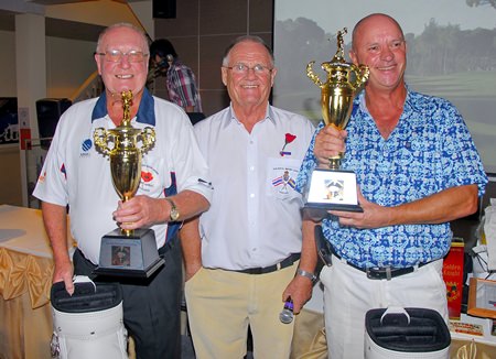 Derek Brook (center) presents prizes to the tournament winners, Nick Shaw and Jim Elphick.
