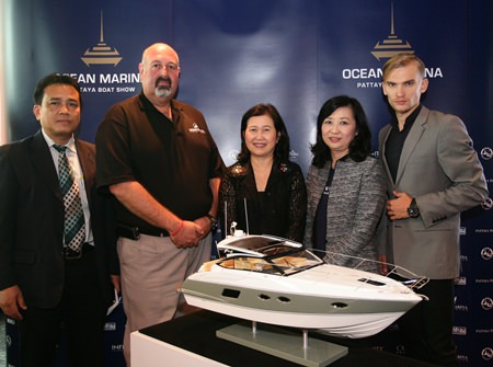 (From left): Prommate Nathomtong, Director, Service Promotion Division, Tourism Authority of Thailand; Scott Finsten, Harbour Master, Ocean Marina Yacht Club; Wilaiwan Thawitsri, Tourism Authority of Thailand Deputy Governor for Tourism Products & Business; Supatra Angkawinijwong, Deputy Managing Director, Ocean Property ; and a model from Edox, pose at a press conference to announce this year’s Pattaya Boat Show.