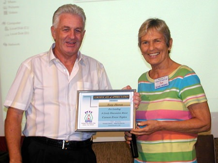 Chairman Pat Koester presented Tony with a Certificate of Appreciation for his capable MC’ing of ‘Current Event Topics’.