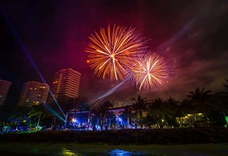 Fireworks glow brightly over the Sheraton Pattaya when the clock strikes midnight on New Year’s Eve.