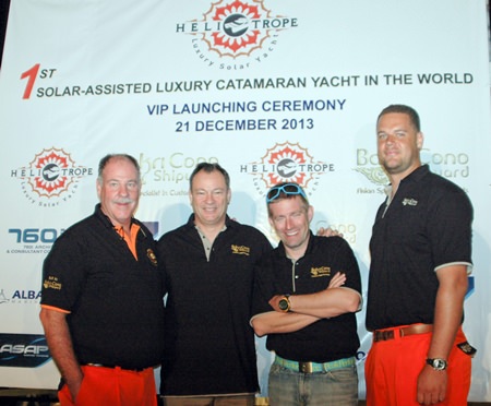 Bakri Cono Shipyard Director of International Sales Philippe Guenat (left) and MD Bernard Lamprect (right) proudly welcome former astronaut Michael Lopez-Alegria (2nd left) and Eco Adventurer Raphael Domjan (2nd right), two distinguished members of the Bakri Cono technical advisory board at the launch of the Heliotrope, the 1st solar assisted luxury catamaran yacht in the world.