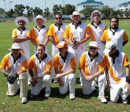 The Pattaya Cricket Club team pose for a photo at the Harrow International School in Bangkok, Sunday, Jan. 12.