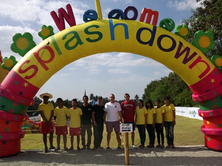 Owner John Wrey (center), Michael French (center, left) and Lee Wrey (center, right), along with park staff welcome everyone to the new Splash Down Water Park Pattaya.