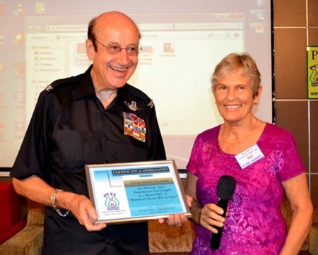 Chairman Pat Koester presents Mike with a Certificate of Appreciation for one of the most interesting talks PCEC has had in its long history.