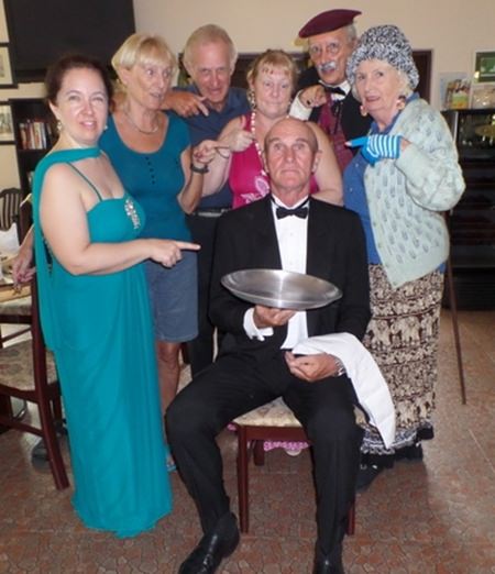 (From left-right rear): Mara Swankey as Mary, Director Wendy Khan, Mike Pence as Teddy Turf, Eileen Denning as Rachel Devine, Duane Hauch as Monsieur Rule/Detective Rule, Foo Smith as Wacky Aunt Edwina, and of course the butler played by Chris Harman (seated).