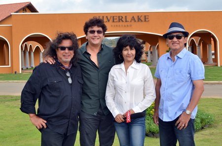 (L to R) Dennis Dila (PR) from Silverlake Vineyard; John Nuvo, leading rock artist from Thailand; Sue Kukarja, PMTV Communication Director; and Surachai Tangjaitrong, owner of Silverlake Vineyard.