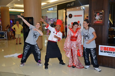 Hip-Hop teachers Megu (right) and Rebecca (left) bust some moves with 2 stars of the Benihana show.