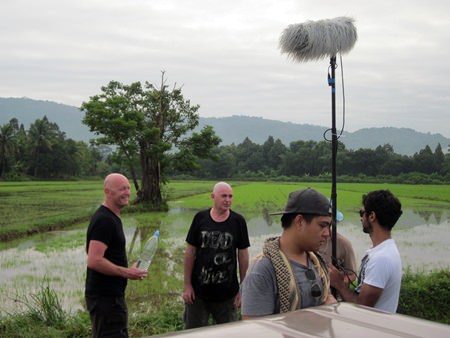Duncan and Peter with film crew on location in Nakhon Nayok.