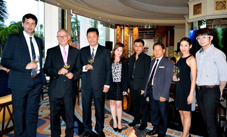 (L to R) Gabriel Fernandez, Export Area Manager of Miguel Torres S.A. and Wine Specialist of the evening; Ron Batori, President of Bangkok Beer & Beverages Co., Ltd.; Suchart Suksawad, Beverage Manager of the Royal Cliff Hotels Group; Maria Gequillana, PR and Marketing Communications Manager of Royal Cliff Hotels Group; Thakul Kijadetch, Sales Manager of Bangkok Beer & Beverages Co., Ltd.; Paitoon Ritdej, F&B Director of the Royal Cliff Hotels Group; Naphat Setdhanai, Assistant-Business Development Manager of BB and B; and Thara Mongkondejkun, Marketing Executive of Bangkok Beer & Beverages Co., Ltd.