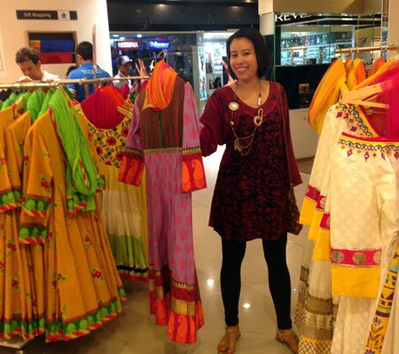 Shopping for colorful Indian dress.