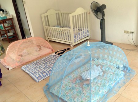 These are two of the babies napping in one of the rooms at the nursery. The nets keep the flies away, and the fan keeps them comfortably cool.