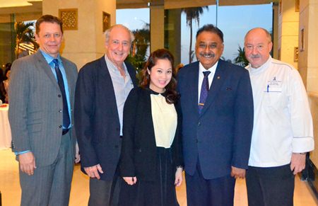 (L to R) Robert Schnabel, Royal Cliff Grand Hotel Resident Manager, Dr. Iain Corness, Maria Gequillana, PR & Marketing Communications Manager of the Royal Cliff Hotel Group, Pratheep S. Malhotra, Managing Director of Pattaya Mail and Walter Thenisch, Executive Chef of Royal Cliff Hotel Group.