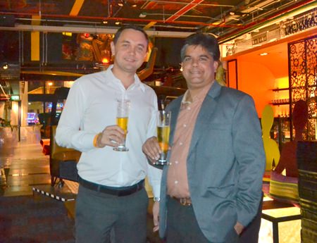 Dmitry Chernyshev and Tony Malhotra chat over a glass of beer at the end of the evening.