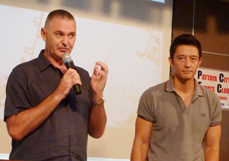Peter Lloyd explains how he wrote the screenplay, acted in, and co-produced the short film “Clueless?” for the Bangkok 9Filmfest while Byron Bishop looks on.