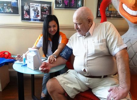 A nurse from Bangkok Hospital Pattaya provided free blood pressure checks to members and guests at the Sunday, September 14 meeting of the PCEC.