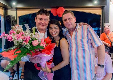 Jimmy Deakin from the Brass House and his lovely wife present Jimmy White with flowers as a small token of appreciation.