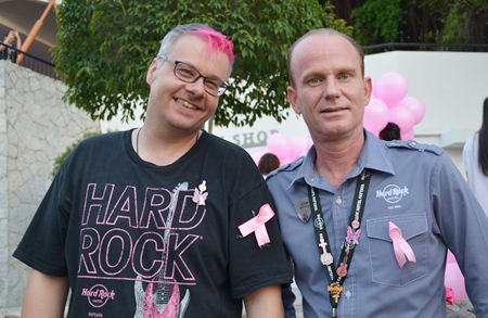Pattaya Hard Rock Cafe Manager Matthew Carley (left) and John Manley, Executive Assistant Manager of the Hard Rock Hotel Pattaya welcome in Pinktober.