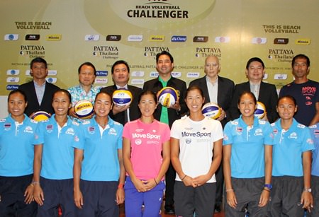 Volleyball players, tournament organizers and Pattaya City officials pose for a photo at an Oct. 28 press conference to promote the upcoming Pattaya Thailand Challenger FIVB beach volleyball event. 