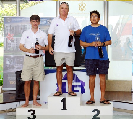 Winner of the monohull class Gareth Owen (centre) stands on the podium with Shin Suenaga (right)  and Scott Montgomery.