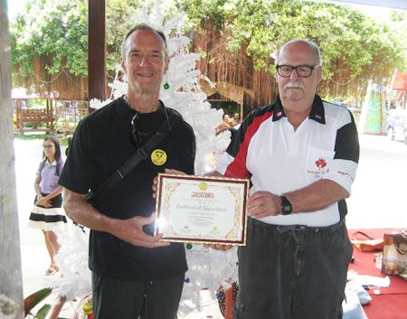 Woody presents Wayne Ogonoski of the Jackalope with the Care for Kids 2014 Certificate of Appreciation.