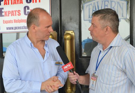 Dr. Peter Lewis after his presentation to the PCEC is interviewed by Paul Strachan with Pattaya Mail TV on the porch of the Amari’s Tavern by the Sea Restaurant.
