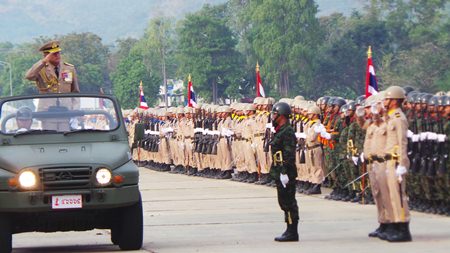 Adm. Kraisorn Chansuvanich inspects the troops on this year’s Royal Thai Armed Forces Day.
