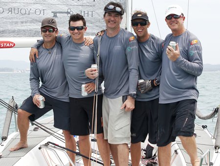 Scott Duncanson (right) and his crew after winning back-to-back Coronation Cup titles at the 2015 Top of the Gulf Regatta.