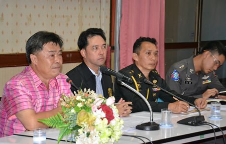 (L to R) Banglamung District Chief Chakorn Kanjawattana, Mayor Itthiphol Kunplome, Colonel Prasert Jaikla from 14th military circle, and Pattaya Tourist Police Inspector Pol. Maj. Piyapong Ensan, meet with local tourism officials to increase security in light of last week's terrorist attack in Bangkok.