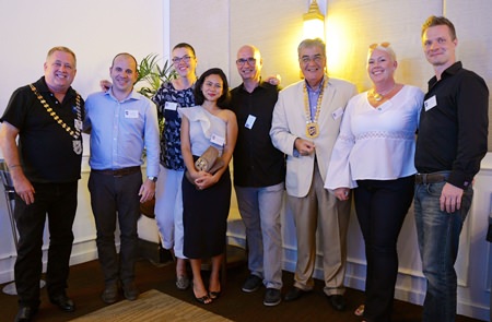 (L - R) Tim McGuire (President - Skål Chiang Mai); Ivan Berthelot (Skål Krabi V-P); Jana Kenton (Skål Krabi Secretary); Prapakorn Kaewprom (Skål Krabi Treasurer); George Kenton (Skål Krabi President); Dale Lawrence (President - Skål International Thailand); Ingeborg Kristensen (Skål Krabi Membership Development & Public Relations) and Mikko Kataja (Skål Krabi V-P).