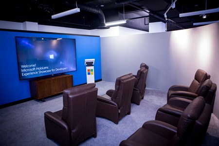 This photo provided by Microsoft shows the Microsoft HoloLens studio in New York. Microsoft is opening the studio to showcase its upcoming HoloLens headset for inserting holograms into real-world settings. At the studio, software developers will see a video and get hands-on demonstrations. (Microsoft via AP)