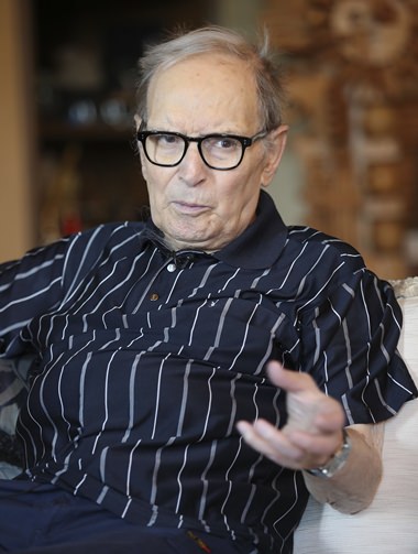 Three-time best sound-track Oscar winner Ennio Morricone answers questions during an interview with The Associated Press, in Rome, Tuesday, May 31, 2016. (AP Photo/Andrew Medichini)