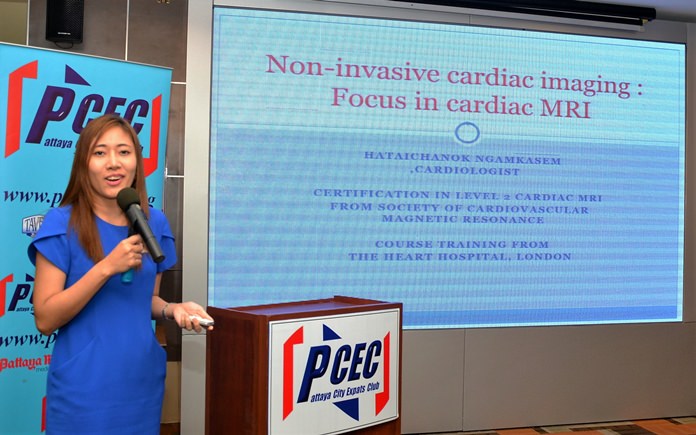 Dr. Hataichanok, Phyathai Hospital Sriracha Cardiologist, explains to her PCEC audience the different cardiac imaging techniques available to confirm a diagnosis of heart problems based on symptoms or if in a high risk category.