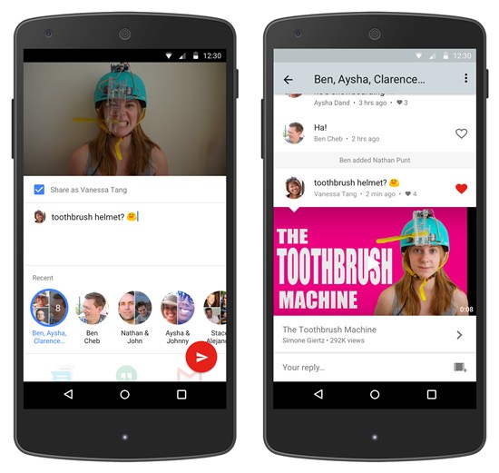 This photo provided by Google shows a demonstration of YouTube’s messaging feature in its smartphone app that allows users to share and discuss videos without resorting to other ways to connect with their friends and family. (Google via AP)