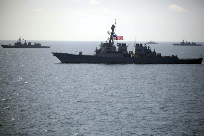 Gulf Of Thailand (June 20, 2016) - The USS Stethem (DDG 63) sails in formation with ships from the Royal Thai Navy during combined operations at sea in support of Cooperation Afloat Readiness and Training (CARAT) Thailand. CARAT is a series of annual maritime exercises between the U.S. Navy, U.S. Marine Corps and the armed forces of nine partner nations to include Bangladesh, Brunei, Cambodia, Indonesia, Malaysia, Singapore, the Philippines, Thailand and Timor-Leste. (U.S. Navy photo by Lance Cpl. Carl King Jr/. Released)